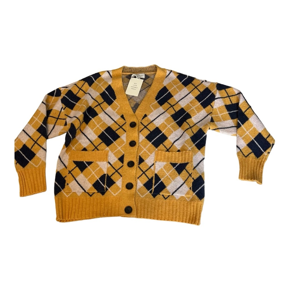 Free Assembly Argyle Plaid Knit Oversized Cardigan Sweater with Pockets